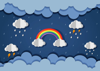 happy monsoon season background. rainbow in the rainy. paper art style. vector Illustration.