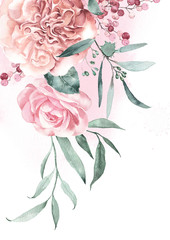 Watercolor floral background Anthurium, eucalyptus, Benjamin roses. Wedding invitation design.