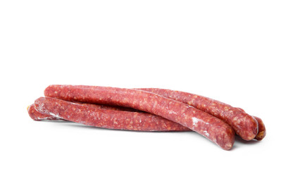 Tasty sausages on white background. Meat product
