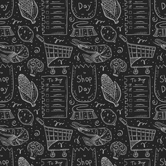Shopping hand drawn doodle vector seamless pattern, texture, background, backdrop. Chalk drawings on dark background. Check list, corn,  eco pack, paper bag, trolley, broccoli, lemon, brush, shrimp. 