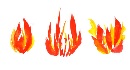 Watercolor fire set isolated on white background. Tongues of flame, template for text or lettering. Hand drawn yellow and orange aquarelle burning bonfire, campfire silhouette with sparks.