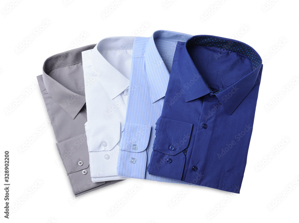 Wall mural stylish shirts isolated on white, top view. dry-cleaning service