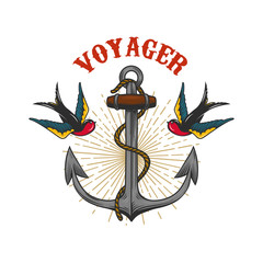 Illustration of vintage anchor with swallows in engraving style. Design element for logo, label, sign, poster, t shirt. Vector illustration