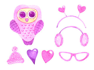 Fototapeta premium Set of pink owl, heart headband, fluffy headphones, hearts, knitted hat, glasses. Watercolor drawing. Hand drawn cute owl and decorative elements isolated on a white background