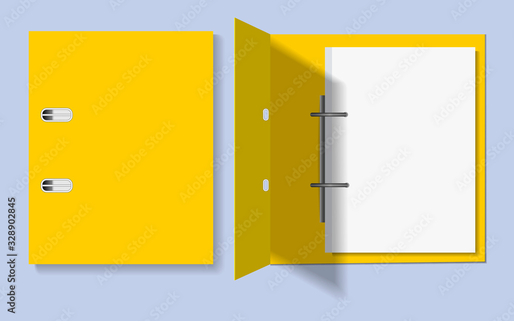 Poster yellow folder for papers closed and open. vector mocap on a gray background. eps 10.