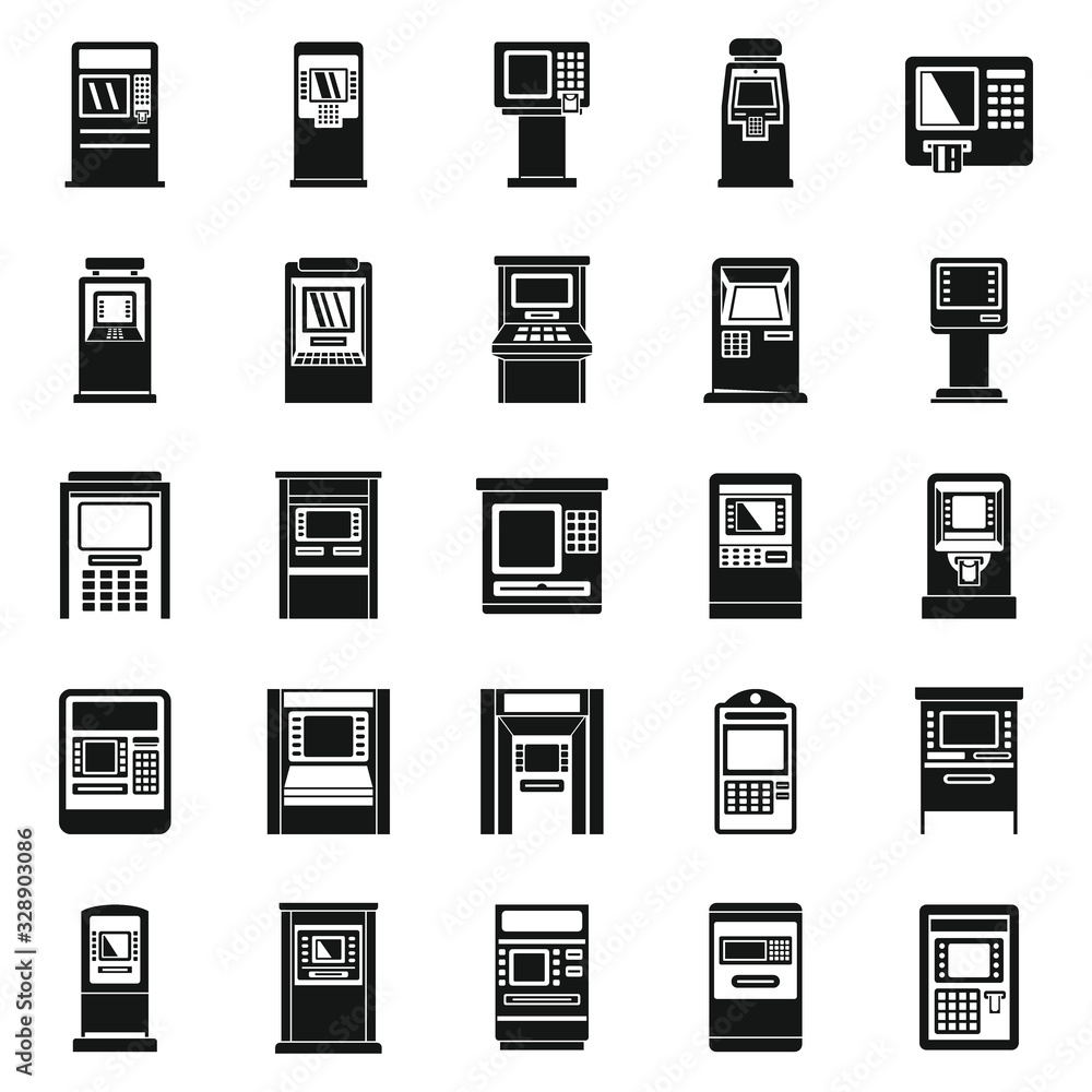 Poster bank atm machine icons set. simple set of bank atm machine vector icons for web design on white back