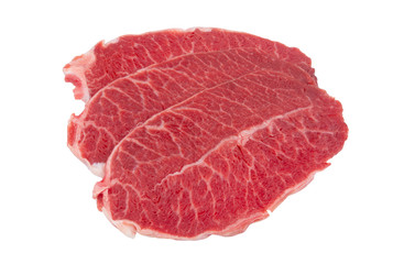 Three raw beef meat slices isolated on white