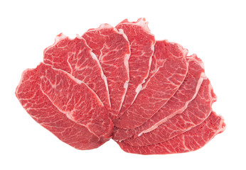 Many raw beef meat slices isolated on white
