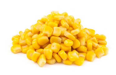 Canned yellow sweet corn seeds isolated on white background