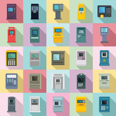 Atm machine icons set. Flat set of atm machine vector icons for web design