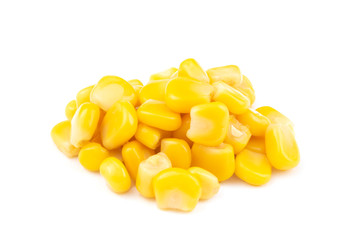 Canned yellow sweet corn seeds isolated on white background