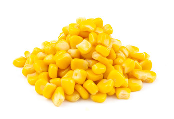 Canned yellow sweet corn seeds isolated on white background