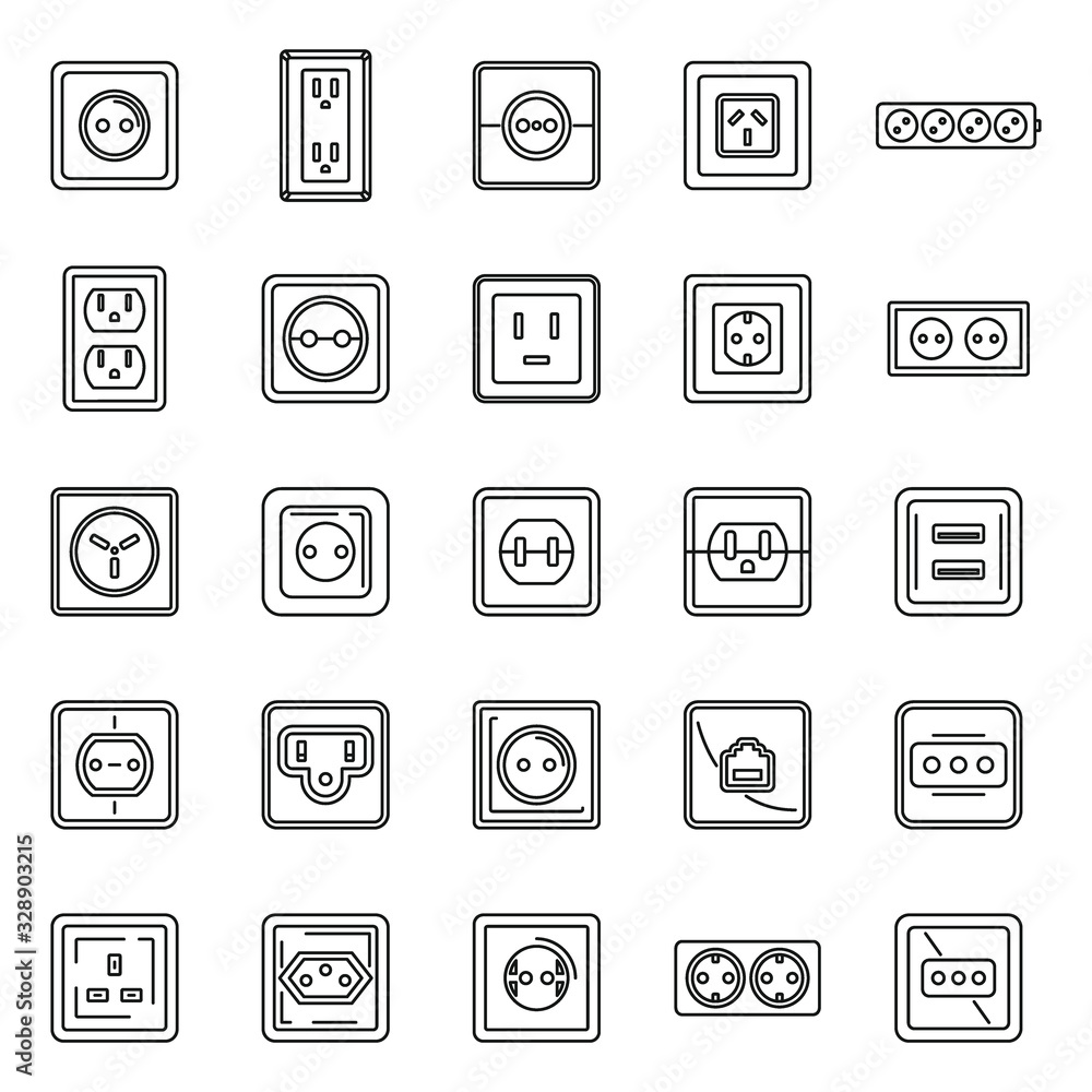 Poster electric power socket icons set. outline set of electric power socket vector icons for web design is
