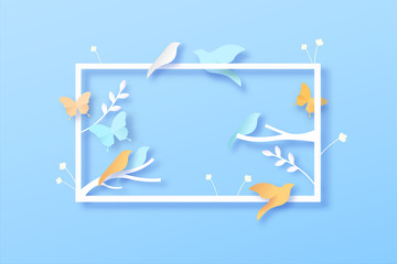 Paper cut spring season icons and frame background