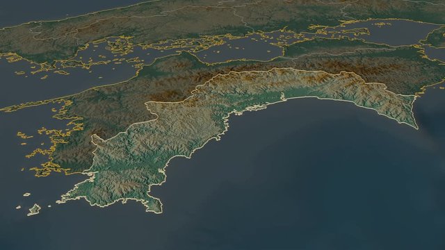 Kochi, prefecture with its capital, zoomed and extruded on the relief map of Japan in the conformal Stereographic projection. Animation 3D