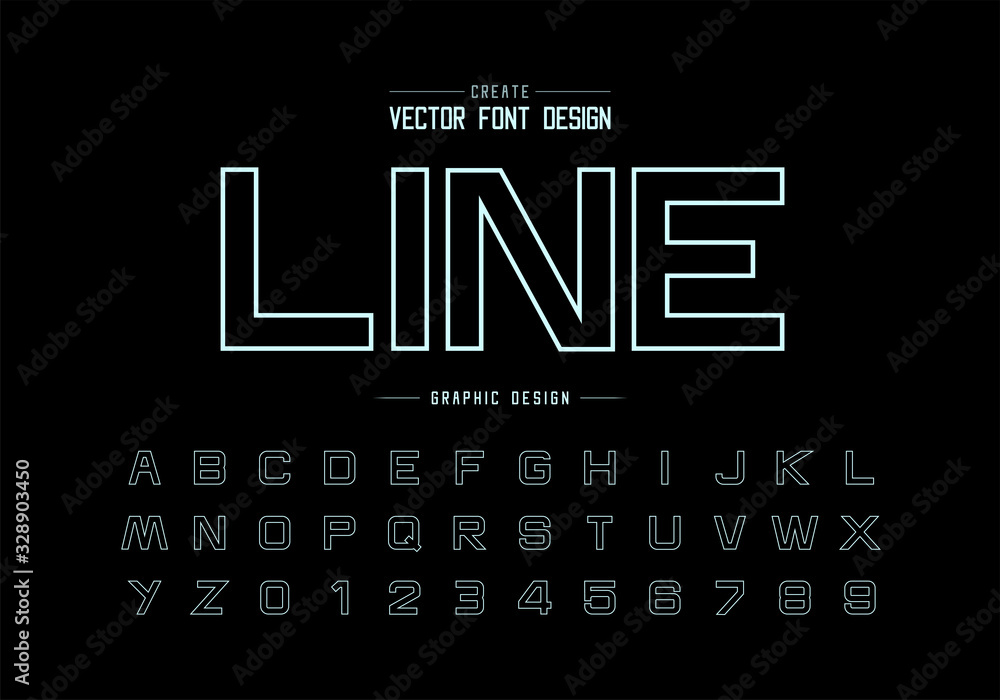 Poster line font and alphabet vector, design typeface letter and number, graphic text on background