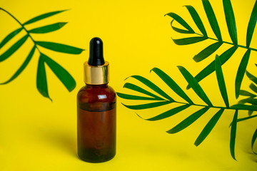 glass bottle of oil with a pipette on a yellow background among green palm leaves