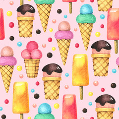 Ice cream seamless pattern. Watercolor illustration for design on a pink background.