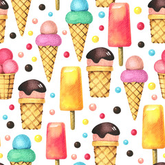  Ice cream seamless pattern. Watercolor illustration for design on a white background.