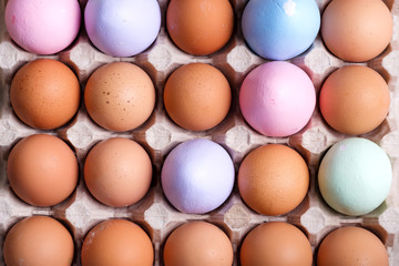Natural organic farm eggs and part of them are handmade painted on a paper eco carton tray. Top view.