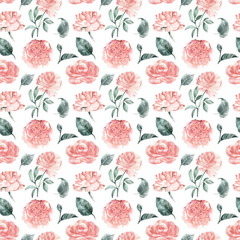 Seamless pattern garden roses and leaves. Feminine textile design, wallpaper.