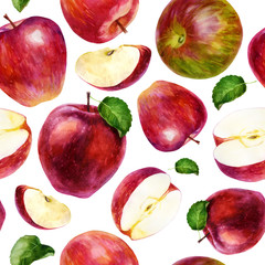 Watercolor illustration, pattern. Apples, slices, halves of apples and apple leaves. White background. Bright juicy pattern.