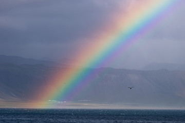 Beautiful summer landscape with sea, small village on the hill, bright colorful rainbow on blue...