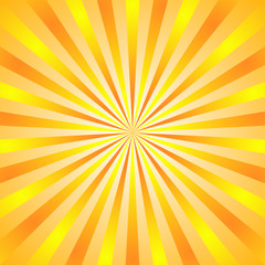 Sun rays background. Yellow orange radiate sun beam, burst effect. Sunbeam light flash boom. Template poster sale. Sunlight star, sunrise burst. Solar radiance glare, retro design. Vector illustration