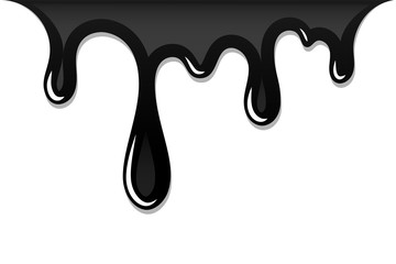 Drip paint 3D. Ink stain. Drop melt liquid isolated on white background. Splash of chocolate, oil, blood. Black graffiti. Splatter syrup, candy sauce, caramel. Vector illustration
