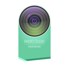 Photo studio logo and business card template. Realistic lens camera with graphic element, template for photographer studio. Photo studio icon. Vector 3d illustration