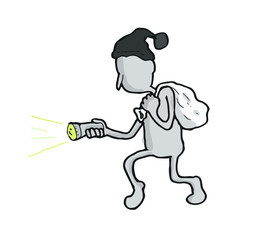 Thief man with lantern in his hand. cartoon vector.