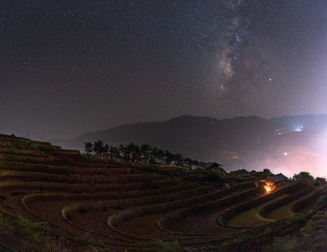 Star Trails with Rice Field Terrace at Mu Cang Chai, Vietnam.