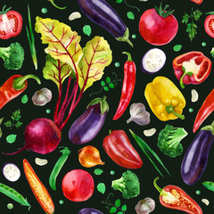 Watercolor illustration. Pattern of vegetables on a dark green background. Beets, garlic, peppers, eggplant, greens, broccoli, tomato, peas, parsley, onions.