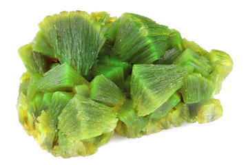lamellar yellow green autunite crystal cluster isolated on white background