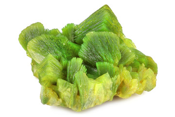 lamellar yellow green autunite crystal cluster isolated on white background