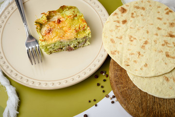 A piece of mexican tortilla pie, close up