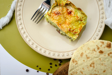 A piece of mexican tortilla pie, close up