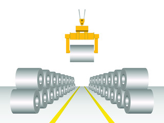Rolled steel coil, steel, strap storage in factory warehouse, Crane handling to storage. Isolated vector