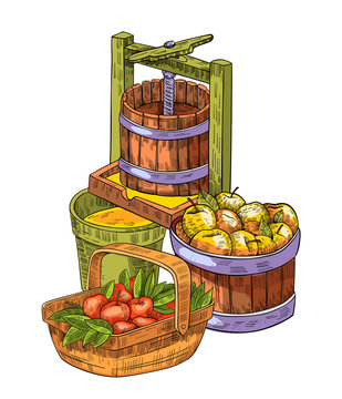 apple cider press, apples, wooden basket clip art preview