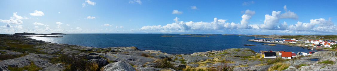 Fototapeta na wymiar Panoramic view of the landscape and the buildings in Vrango island, Archipelago of Gothenburg, Sweden