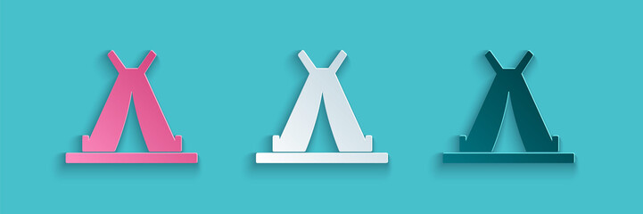 Paper cut Traditional indian teepee or wigwam icon isolated on blue background. Indian tent. Paper art style. Vector Illustration © Vadim