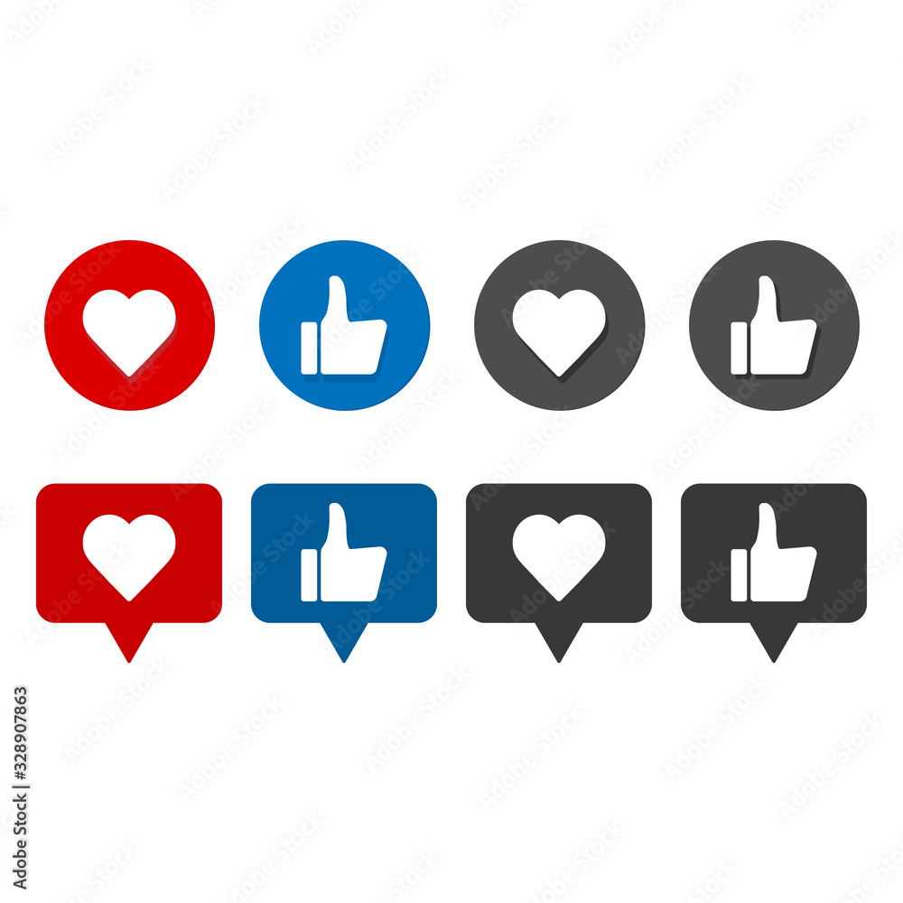 Poster thumbs up and down, heart signs on colorful round flat vector icons. simple buttons with user feedba