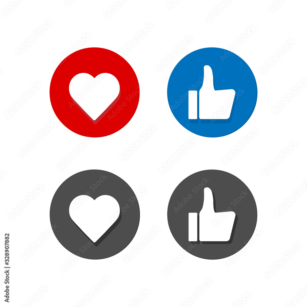 Poster thumbs up and down, heart signs on colorful round flat vector icons. simple buttons with user feedba