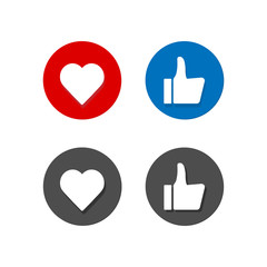 Thumbs up and down, heart signs on colorful round flat vector icons. Simple buttons with user feedback for social network, mobile app or web site design