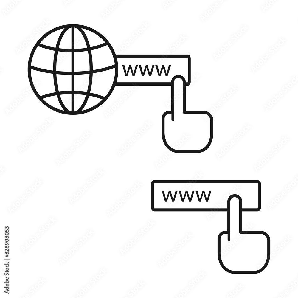 Poster www internet symbols with clicking hand symbol icon isolated on white background
