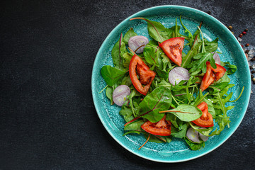 healthy salad tomato, mix leaves, onions and other ingredients, vegan, keto or paleo menu concept. top food background. copy space