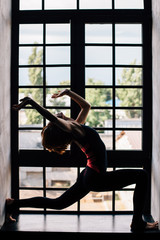 Fototapeta na wymiar girl doing yoga on the window
