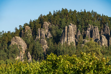 Fototapeta premium Adrspach Teplice rocks, the sandstone landscape in Bohemia, Czech Republic. Cliffs and mountains in Adršpach-Teplice Rocks. Adersbach-Weckelsdorfer Felsenstadt, Europe hills.