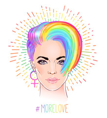 Portrait of a young pretty woman with short pixie haircut. Rainbow colored hair. LGBT concept. Vector illustration isolated on white. Hand drawn art of a modern girl.