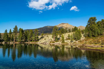 Mountains, peaks, lake, everlasting ice and trees landscape. Knapenweg natural environment. Hiking in the alps, Tirol, Austria, Europe